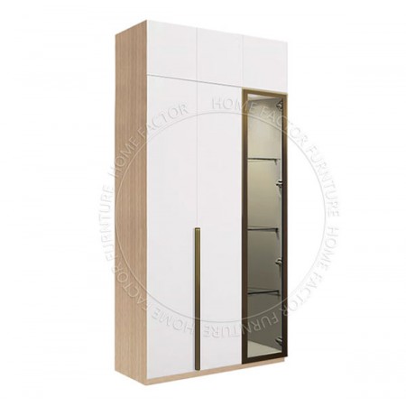 Long Door Glass Wardrobe+Top-2Door&1Galss Light Wood&White Champagne Door Frame