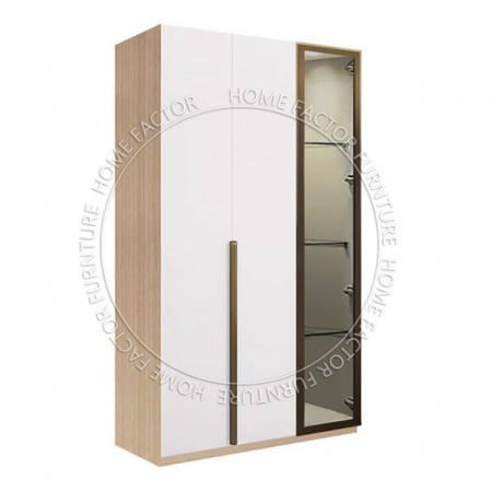 Long Door Glass Wardrobe-2Door&1Glass Door Light Wood&White Champagne Door Frame