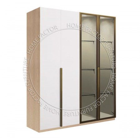 Long Door Glass Wardrobe-2Door&2Glass Door Light Wood&White Champagne Door Frame