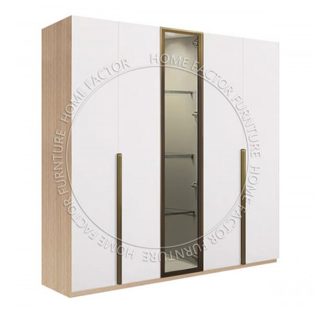 Long Door Glass Wardrobe-2Door&1Glass&2Door Light Wood&White Champagne Door Frame