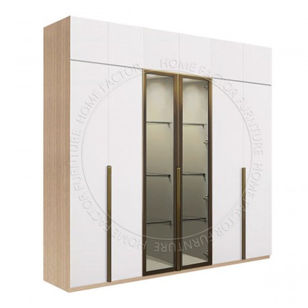 Long Door Glass Wardrobe+Top-2Door&2Galss&2Door Light Wood&White Champagne Door Frame