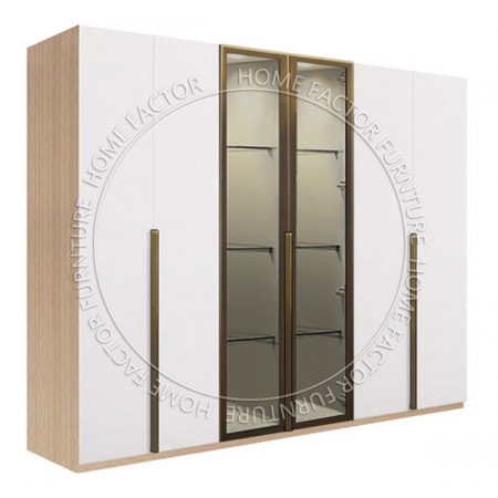 Long Door Glass Wardrobe-2Door&2Glass&2Door Light Wood&White Champagne Door Frame